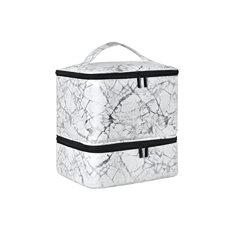 Quoyiyo Nail Polish Organizer Bag,Double-Layer Nail Polish Storage and Nail Dryer Case,Holds 30 Bottles (15ml), Marbling-White