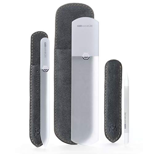 GERMANIKURE Glass Nail File Set in Fitted Cases- Ethically Made in Czech Republic - Professional Permanently Etched Fingernail File, Small Travel File, Cuticle Remover Stick