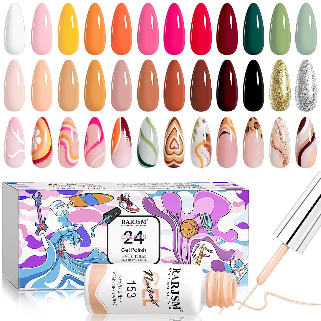 RARJSM Gel Liner Nail Art 24 Pieces 5ml Gel Art Liners for Nails Pink Red Green Yellow Silver Gold Glitter Summer Fall Nude Colors Painting Striping Gel Thin Nail Art Brush UV Soak off Curing Needed