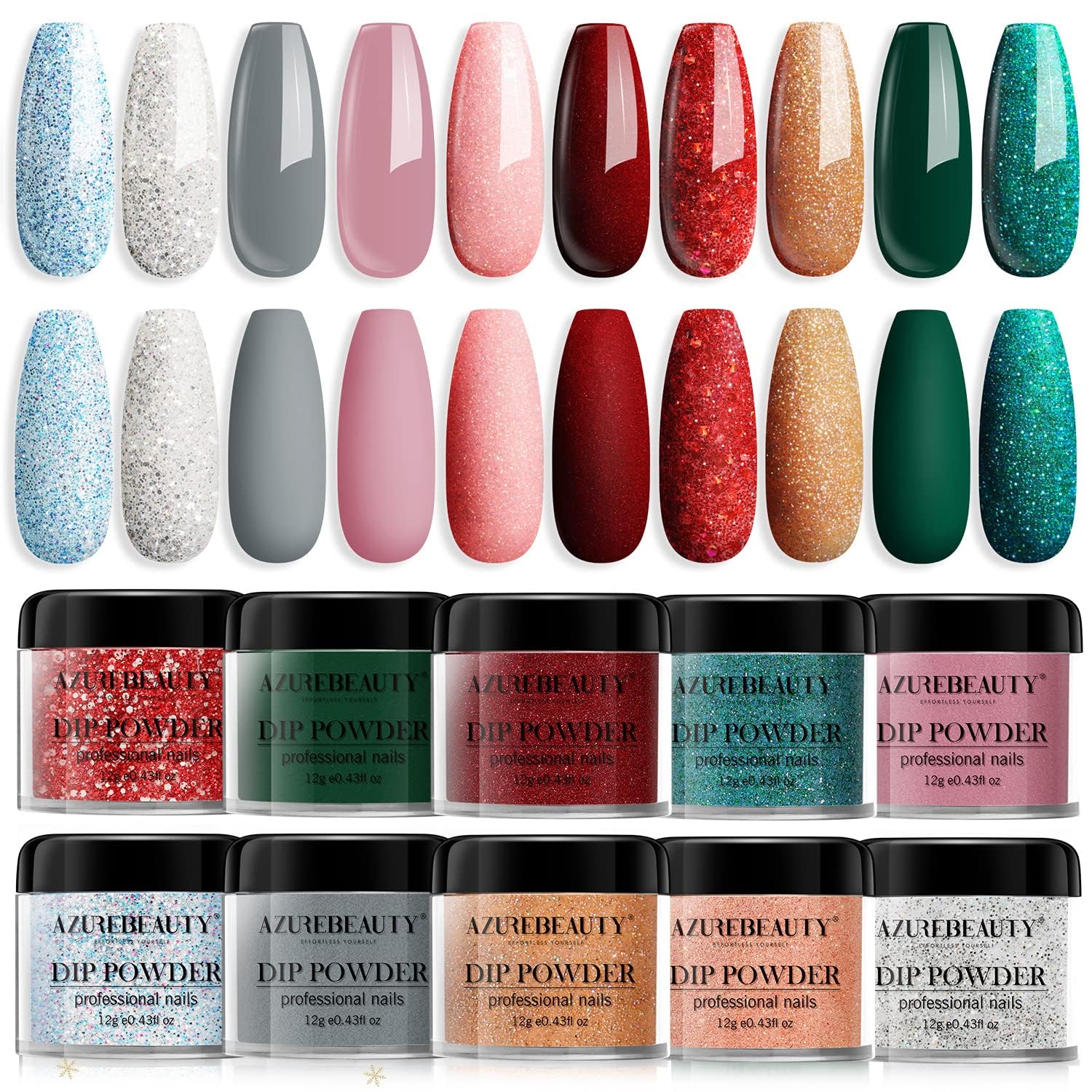 Dip Powder Nail Set, AZUREBEAUTY Classic Christmas Series 10 Colors Red Green Gold Glitter Dipping Powder Set Nail Powder for French Nails Art Manicure DIY at Home, No Need Nail Lamp Valentines Gift