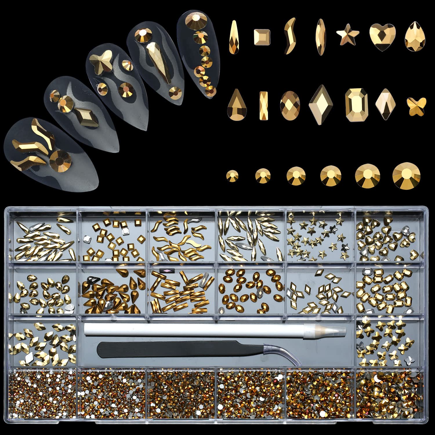 Nibiru 3830Pcs Gold Multi Shapes Rhinestones Glass Gemstones Kit for Nail Art Jewels Decoration,Sparkly Flatback Mix Size with Wax Pen